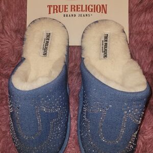 True Religion Denim Blue Slippers with White Plush Lining